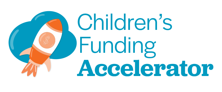 Logo Children's Funding Accelerator with image of an orange rocket in front of a blue cloud